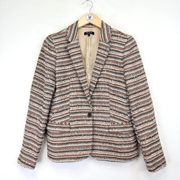 MADEWELL Tweed Blazer Womens 6 Black / Orange Striped Weave Preppy Quiet Luxury - Picture 1 of 8